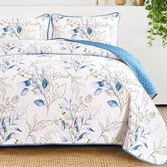 New Blue & Gold Leaves 3-Piece Bedding 100% Polyester Quilt Set • KING Size - Picture 1 of 6